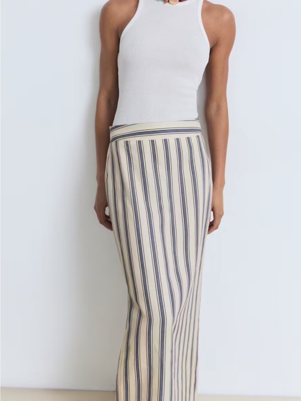Mango Cream Maxi Skirt with Navy Vertical Stripes